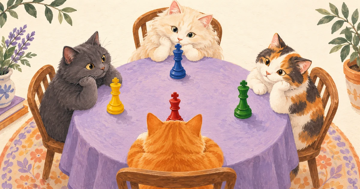 Four cats gather around a lavender table with red, blue, yellow, and green chess kings.