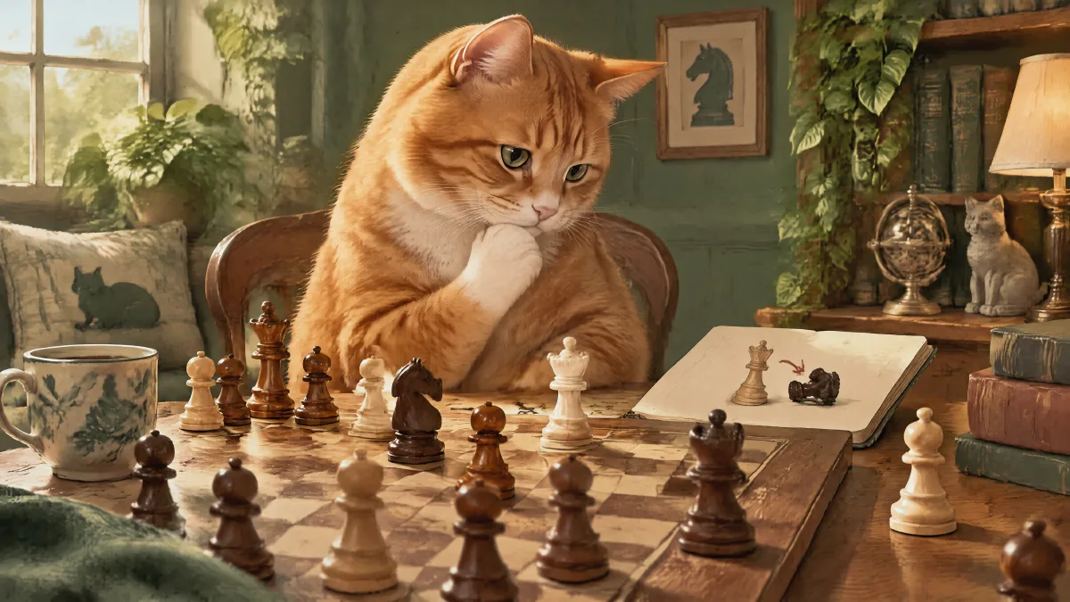 A thoughtful orange tabby cat reviews a notebook beside a wooden knight and queen before another chess game.