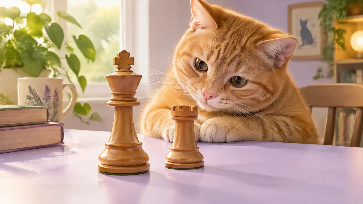 An orange tabby cat studies a wooden rook and king on a lavender table.