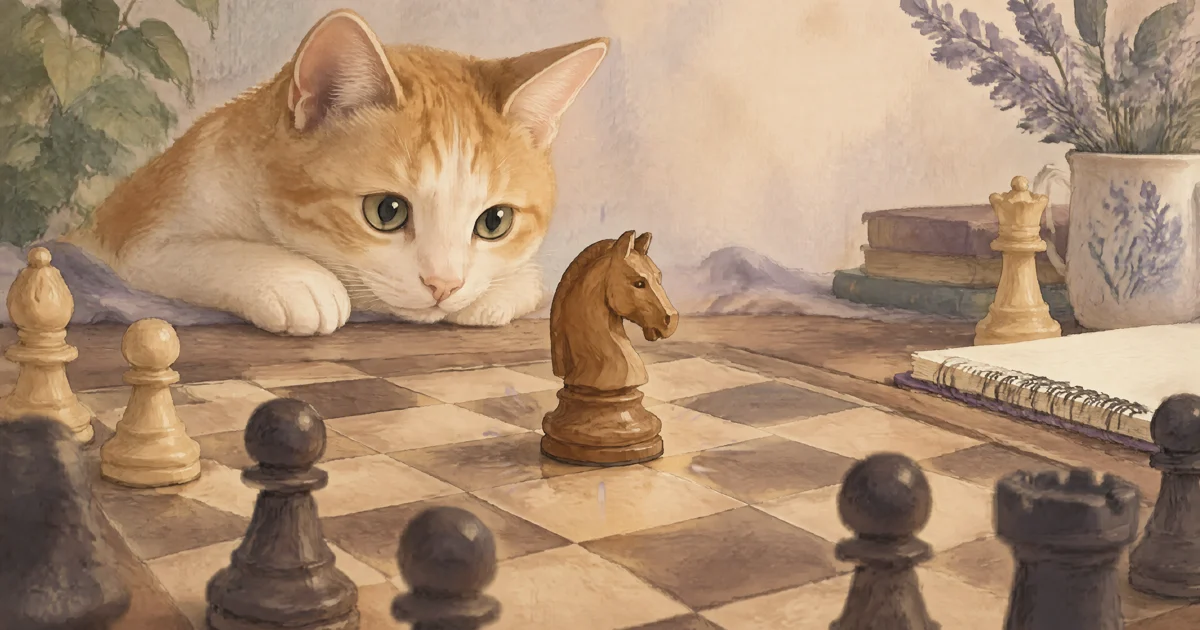 A curious cat watches a wooden knight step toward the center of a chess-themed study table.