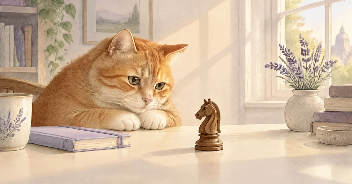 An orange tabby cat studying a wooden chess knight beside a lavender notebook.