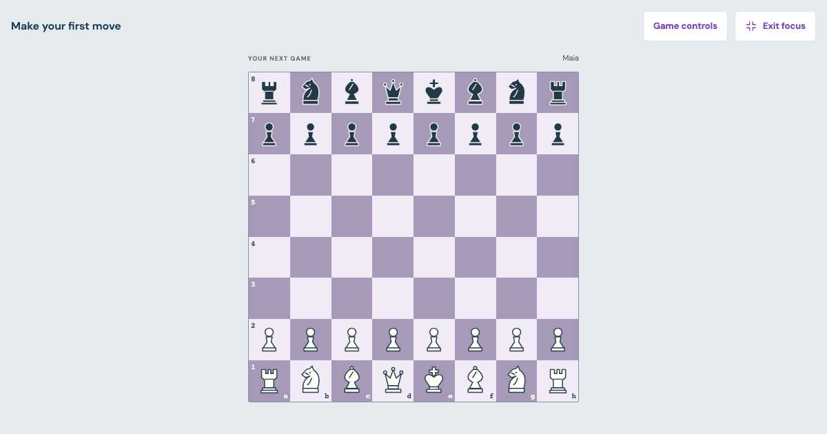 ChessStep's computer-game board in focus mode before the first move. Game controls opens the settings. Our own interface, captured September 30, 2026.